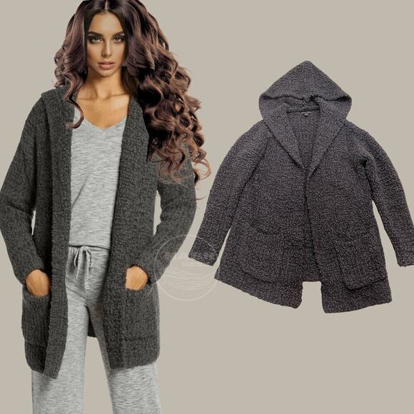 Barefoot Dreams S/M Hooded Bouclé Cardigan | Heavy Knit, Cozy Chic, Gray